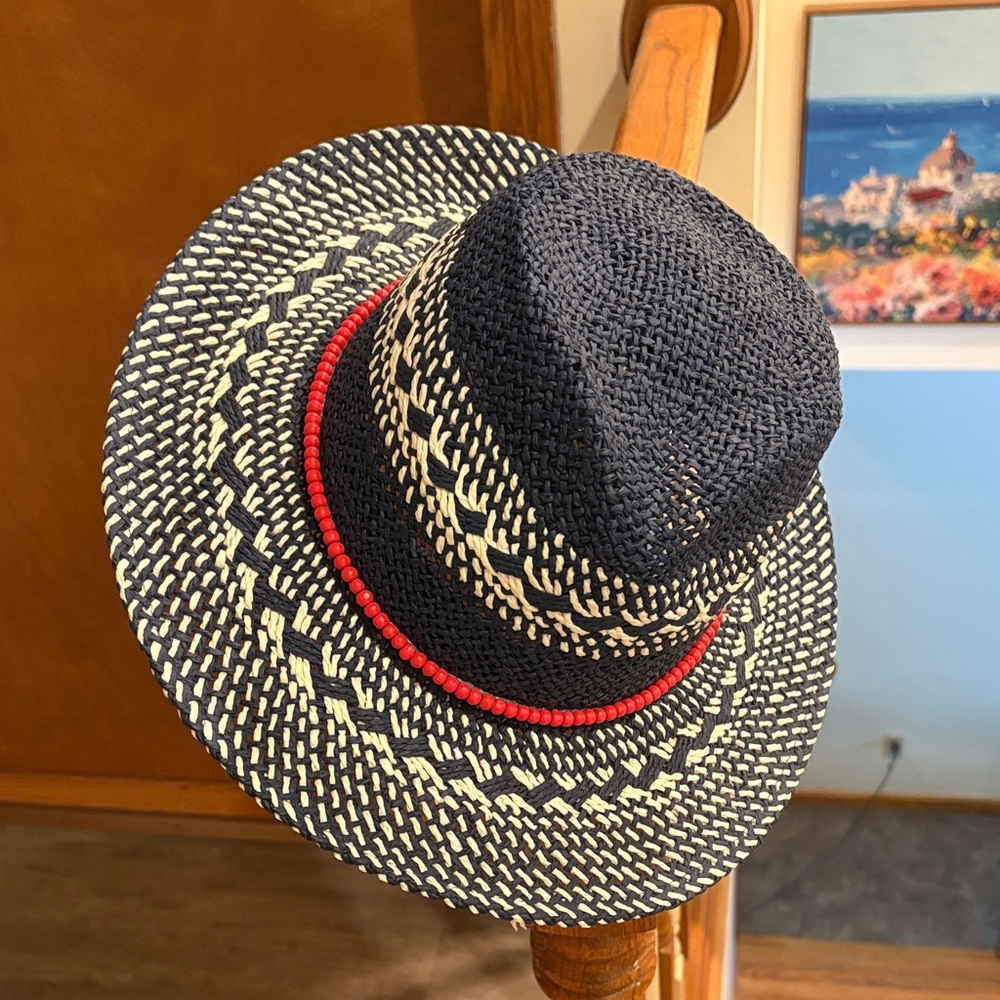 Shiraleah Navy and White Woven Hat with Red Accent